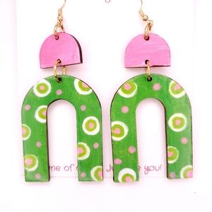 Retro Green,pink Earrings, Handpainted Wooden,New,2.5.inch dangle, one of a …
